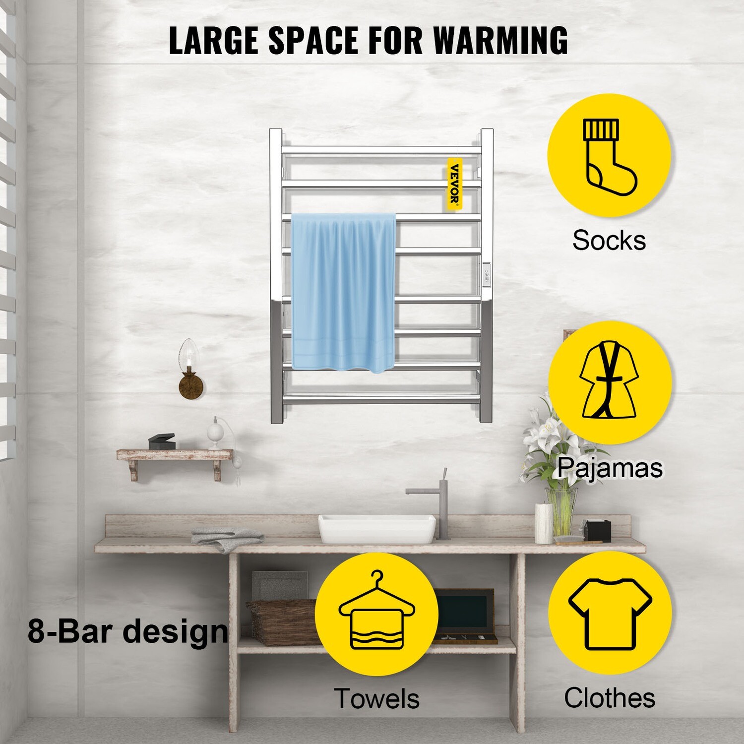 Polished Steel 8-Bar Heated Towel Rack For Bathroom