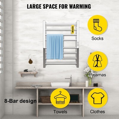 Polished Steel 8-Bar Heated Towel Rack For Bathroom