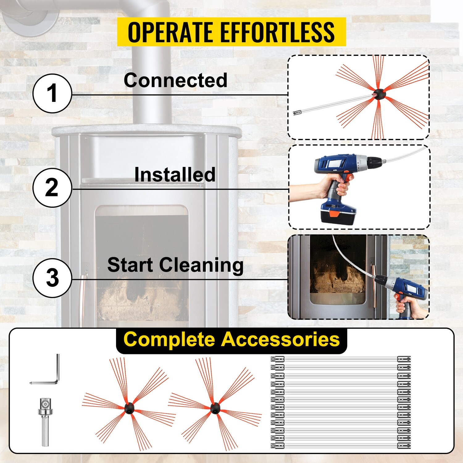 12m Chimney Sweep Tool Kit, 39-Foot Chimney Cleaning Brush Set for Home Use