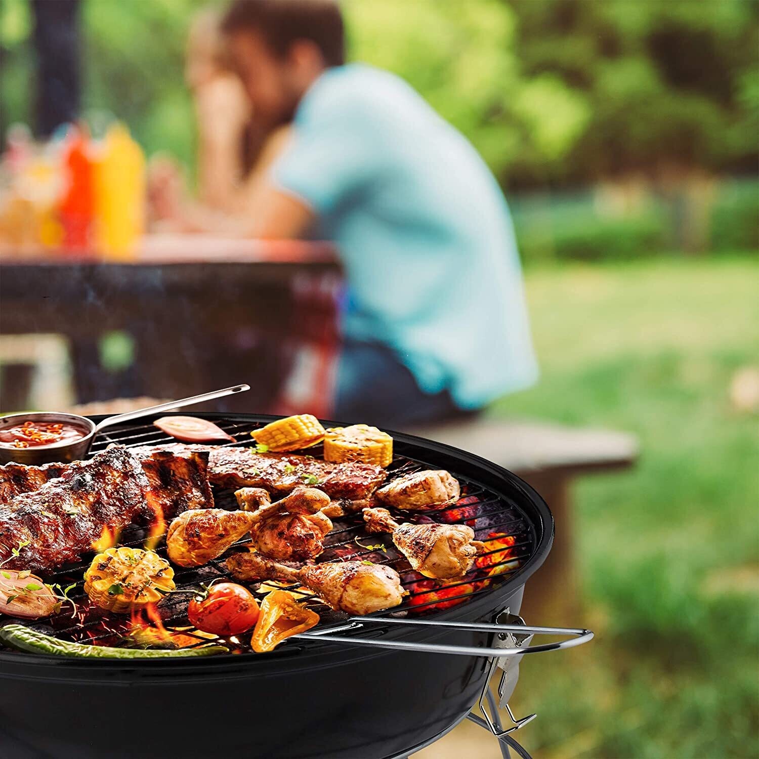 Portable Barbecue Kettle with Lid Picnic Grill with Large Grill Surface