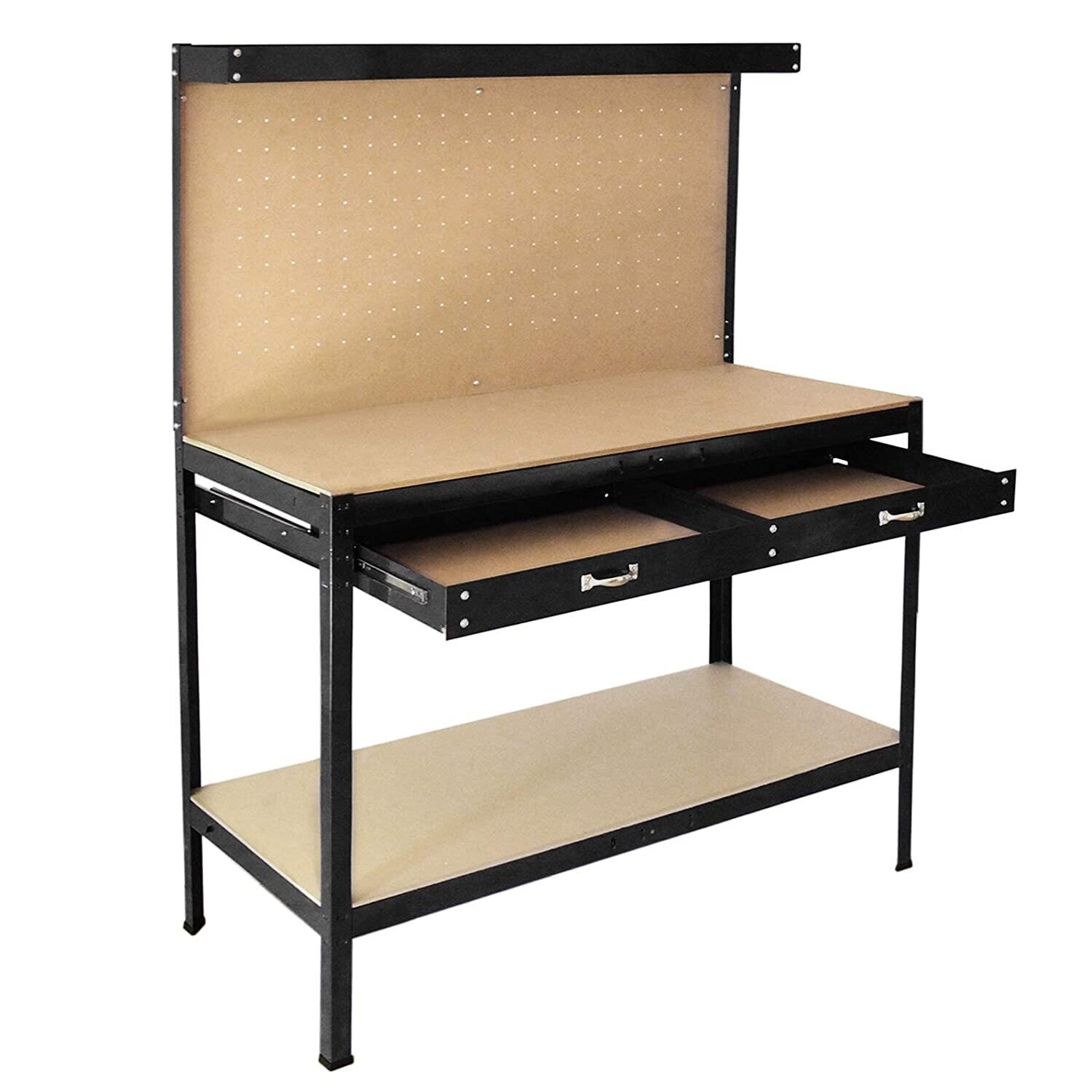 Heavy Duty Garage Workbench with Pegboard and Drawer for Tools, Sturdy Workstation with Storage and Organization Features