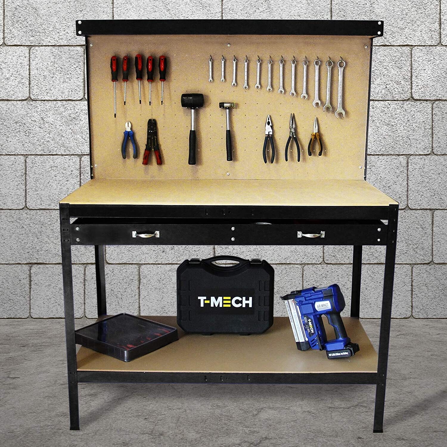 Heavy Duty Garage Workbench with Pegboard and Drawer for Tools, Sturdy Workstation with Storage and Organization Features