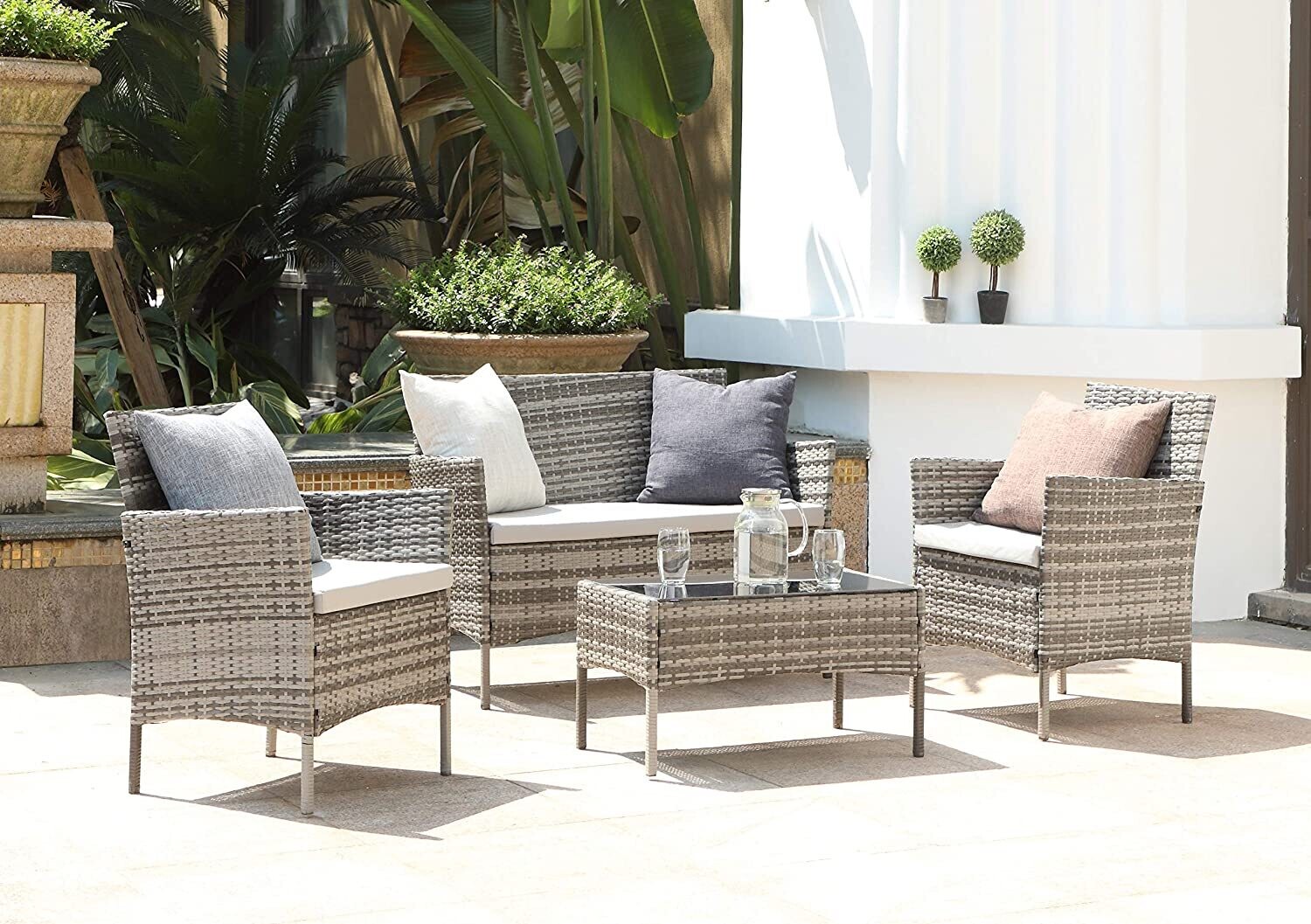 4-Piece Rattan Garden Chair Furniture Set - Stylish Weather-Resistant Wicker Patio Furniture with Cushions, Perfect for Gardens, Balconies, and Terraces