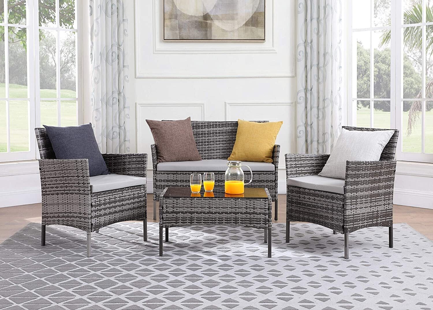 4-Piece Rattan Garden Chair Furniture Set - Stylish Weather-Resistant Wicker Patio Furniture with Cushions, Perfect for Gardens, Balconies, and Terraces