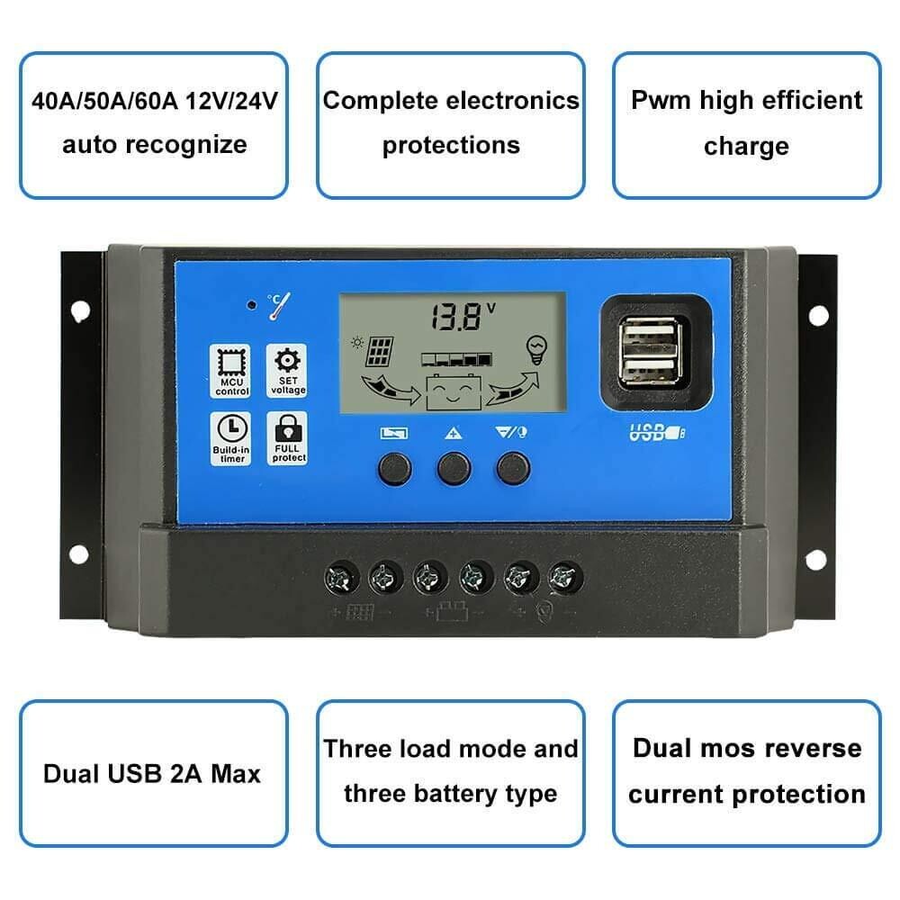 Solar Charge Controller Auto Parameter Adjustable LCD Display with Dual USB