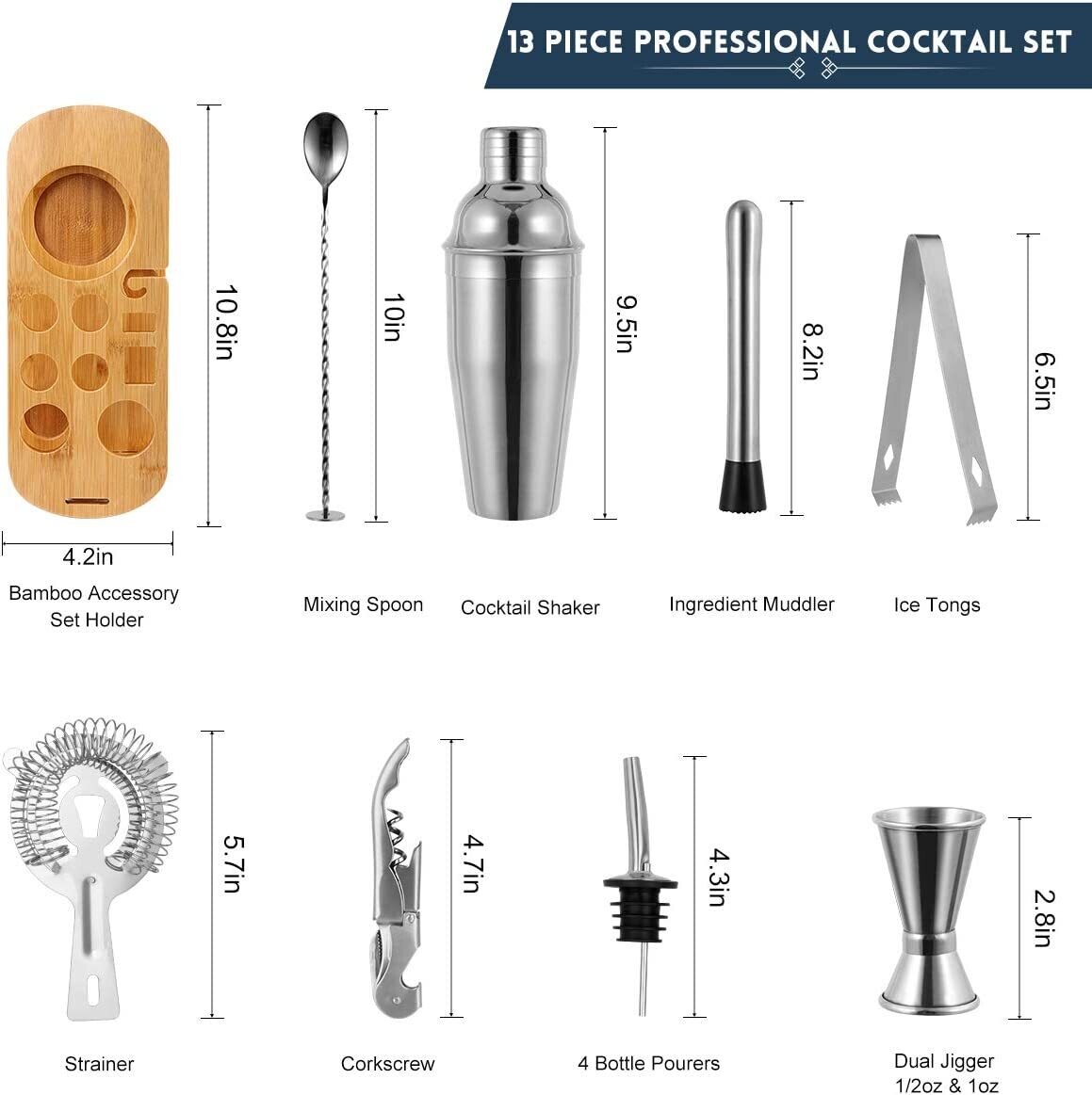 Cocktail Shaker Kit 12-Piece Set with Stand, Professional Bartender Tools for Home or Bar Use