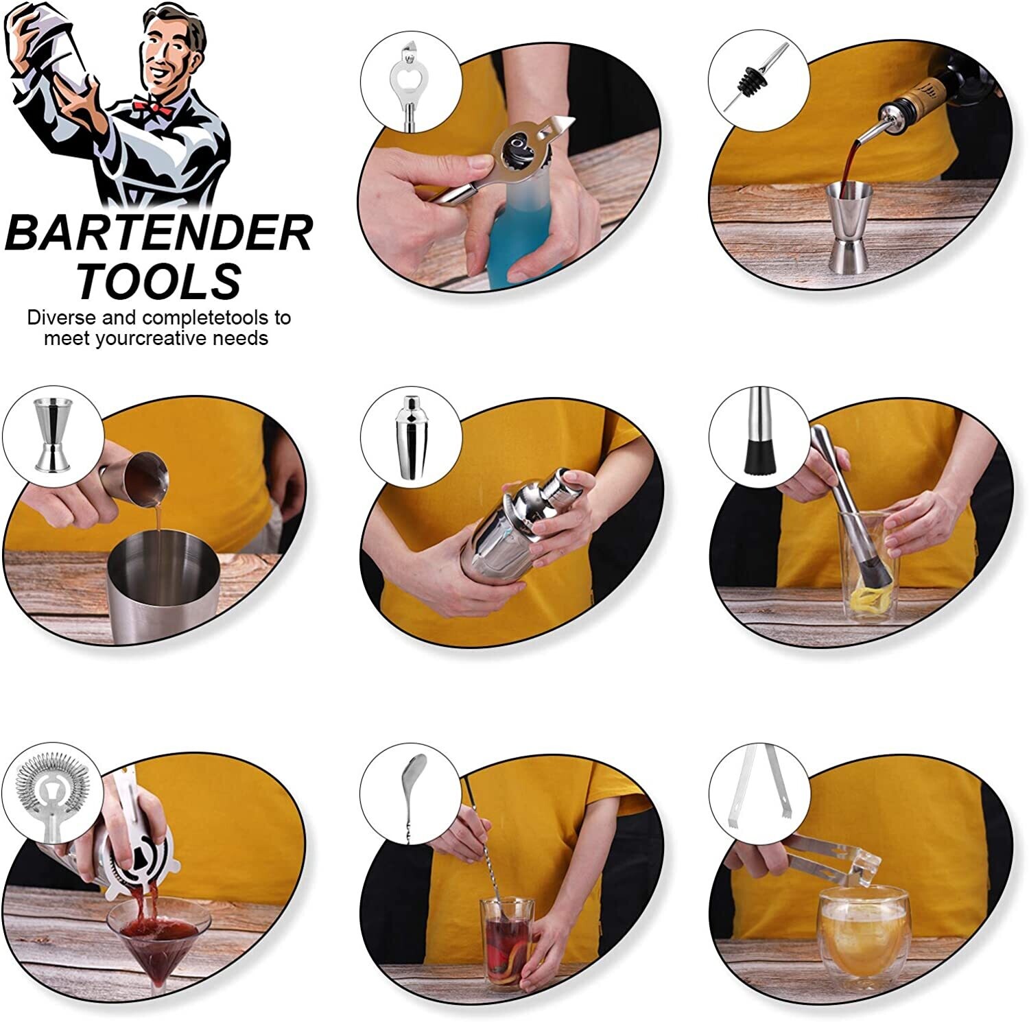 Cocktail Making Set with Wooden Stand, Stainless Steel Bar Tools for Home or Bar Use