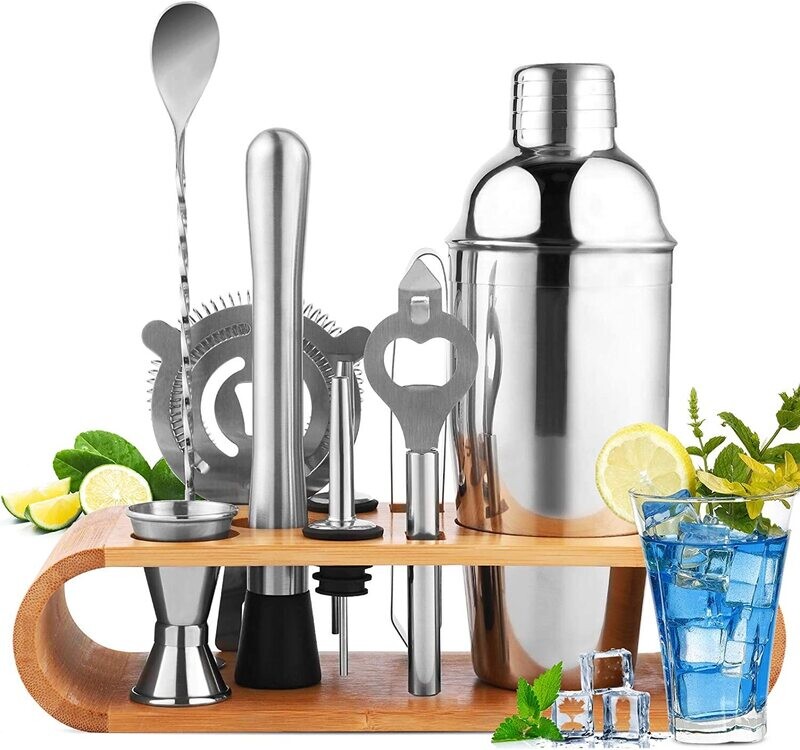 Cocktail Making Set with Wooden Stand, Stainless Steel Bar Tools for Home or Bar Use