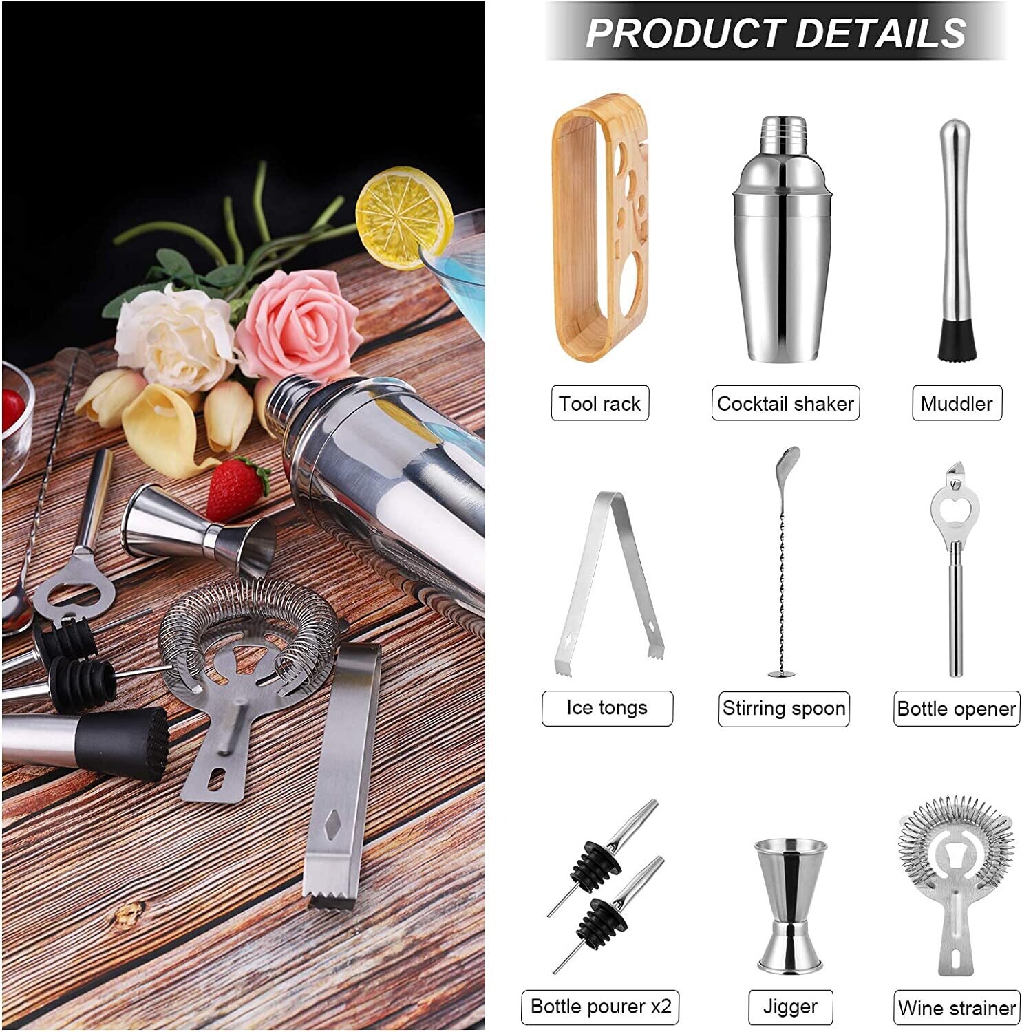 Cocktail Making Set with Wooden Stand, Stainless Steel Bar Tools for Home or Bar Use