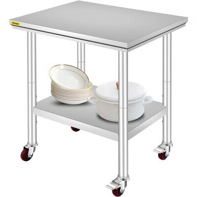 Commercial Kitchen Work Bench, Stainless Steel Food Preparation Table with Four Wheels, Heavy Duty Kitchen Furniture, Rolling Workbench for Restaurant, Durable Food Prep Station