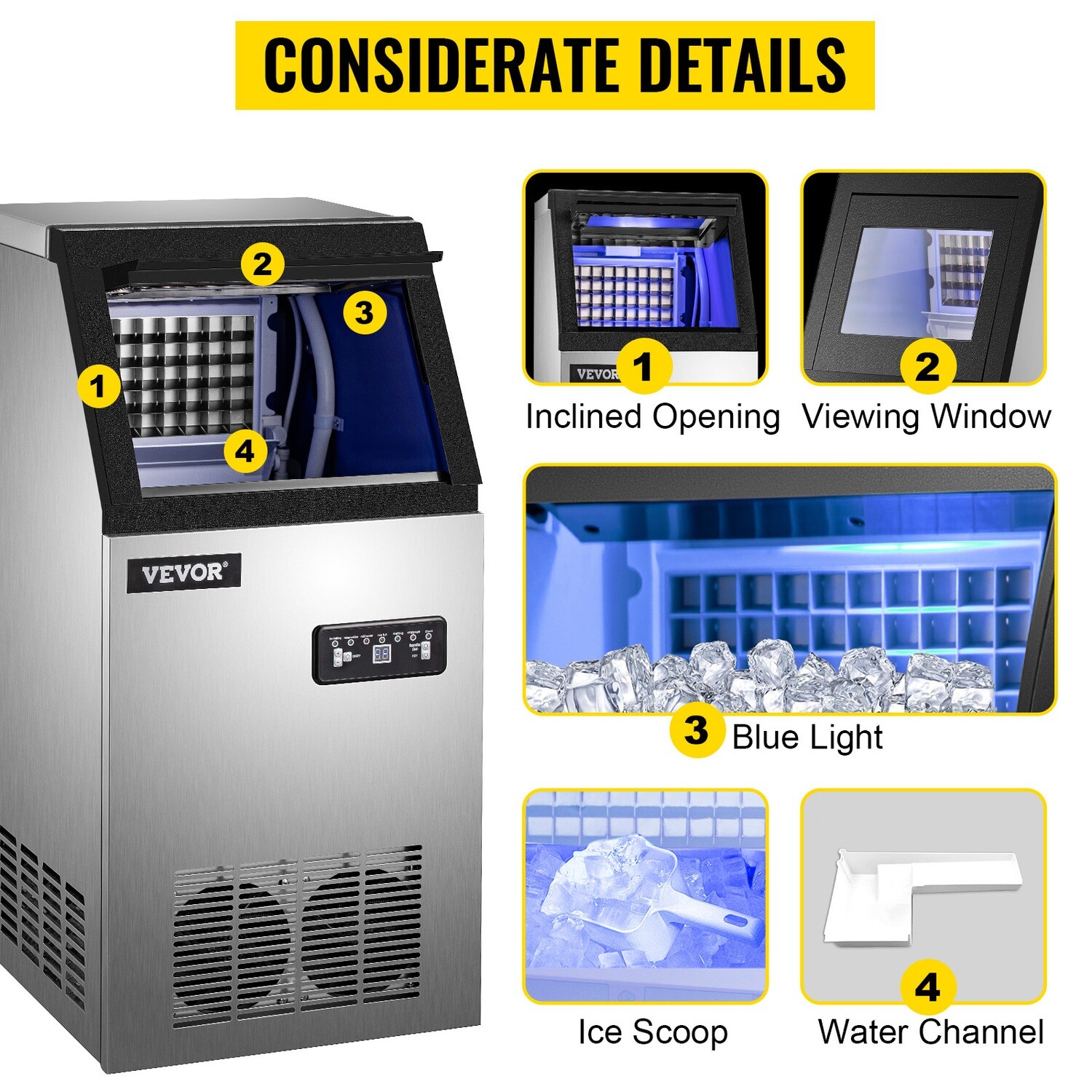 High-Capacity Commercial Ice Cube Maker – Stainless Steel, 45 Ice Trays, Produces 68kg/24h for Restaurants, Bars, and Catering