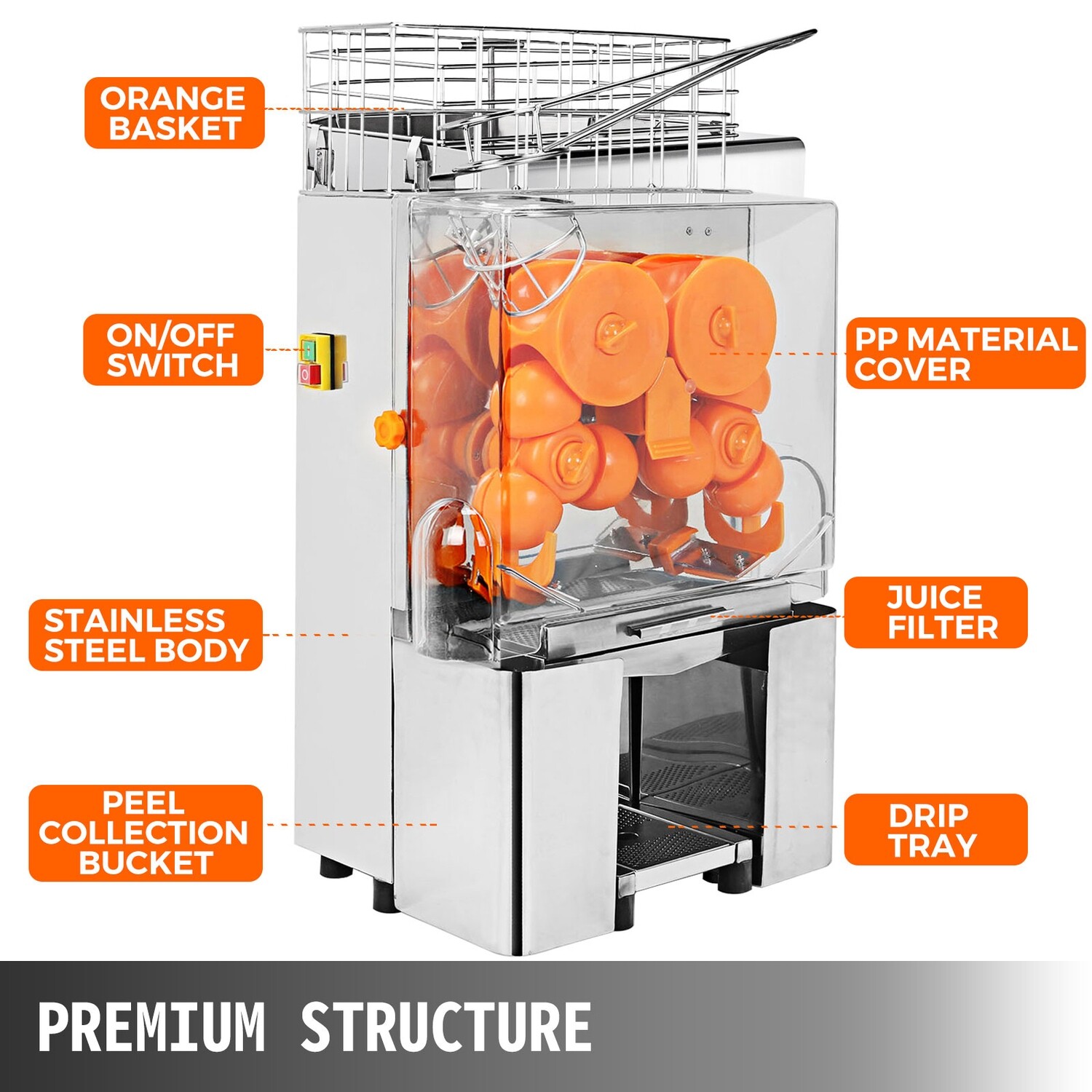 Commercial Auto Feed Orange Juicer Machine, High-Capacity Stainless Steel Citrus Press, Automatic Operation for Quick and Efficient Juice Extraction, Ideal for Restaurants and Bars
