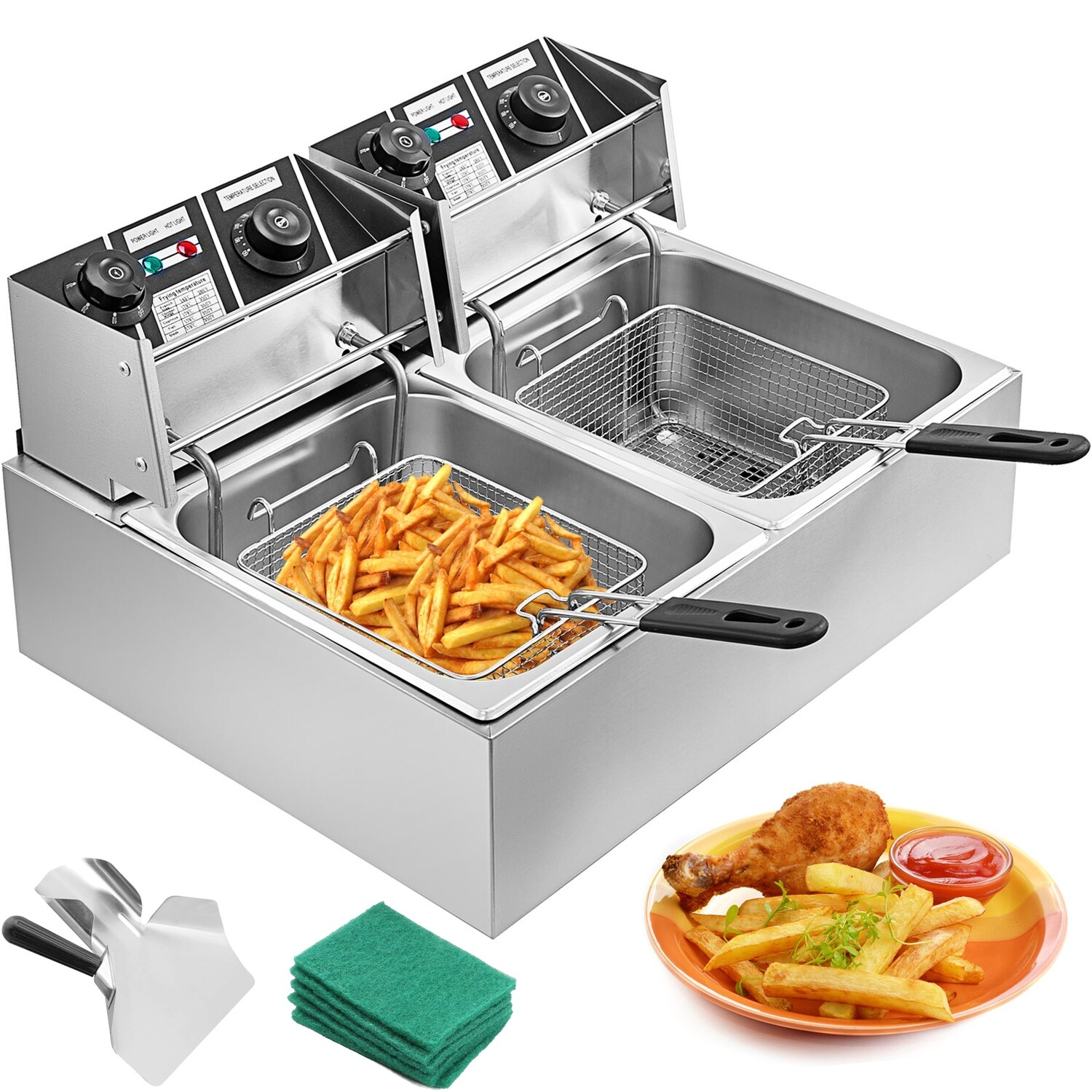 Commercial 5000W Double Tank Electric Chip Fryer, 20L Deep Fryer Stainless Steel for Restaurants, Cafes, and Food Service
