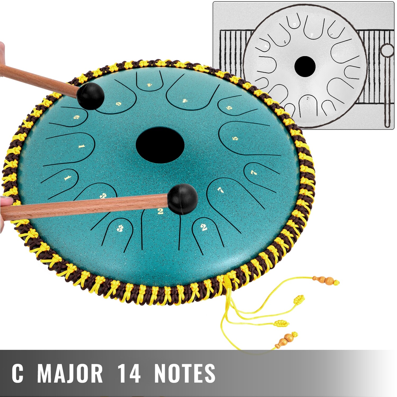 Dish Shape Drum with Rope Decoration, 14 Inches, 14 Notes – Handcrafted Tongue Drum for Music and Meditation