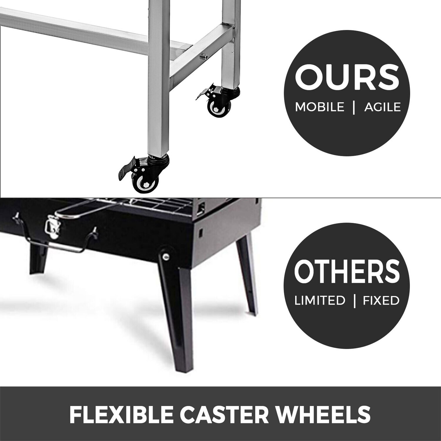BBQ Charcoal Grill with 4 Caster Wheels – Patio Grill with 2 Side Boards and Smoking Features for Garden BBQs