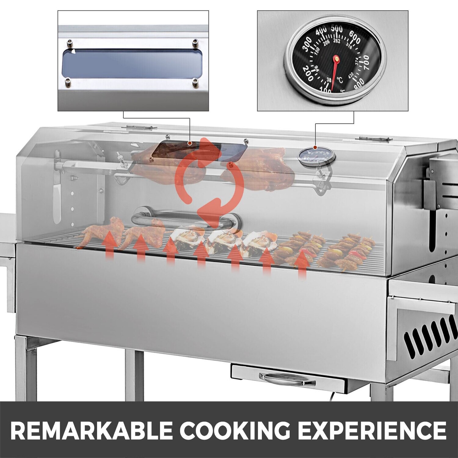 BBQ Charcoal Grill with 4 Caster Wheels – Patio Grill with 2 Side Boards and Smoking Features for Garden BBQs