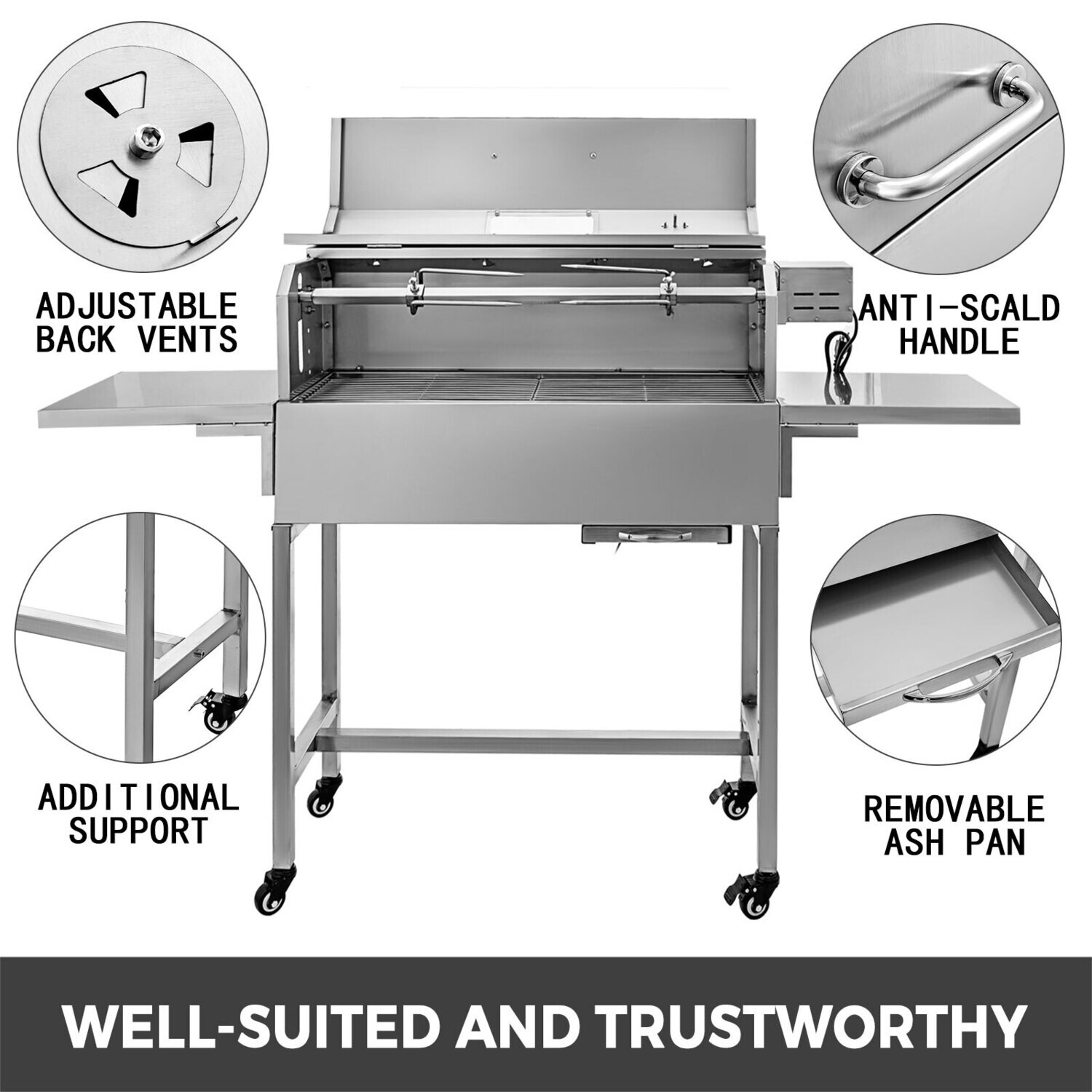 BBQ Charcoal Grill with 4 Caster Wheels – Patio Grill with 2 Side Boards and Smoking Features for Garden BBQs