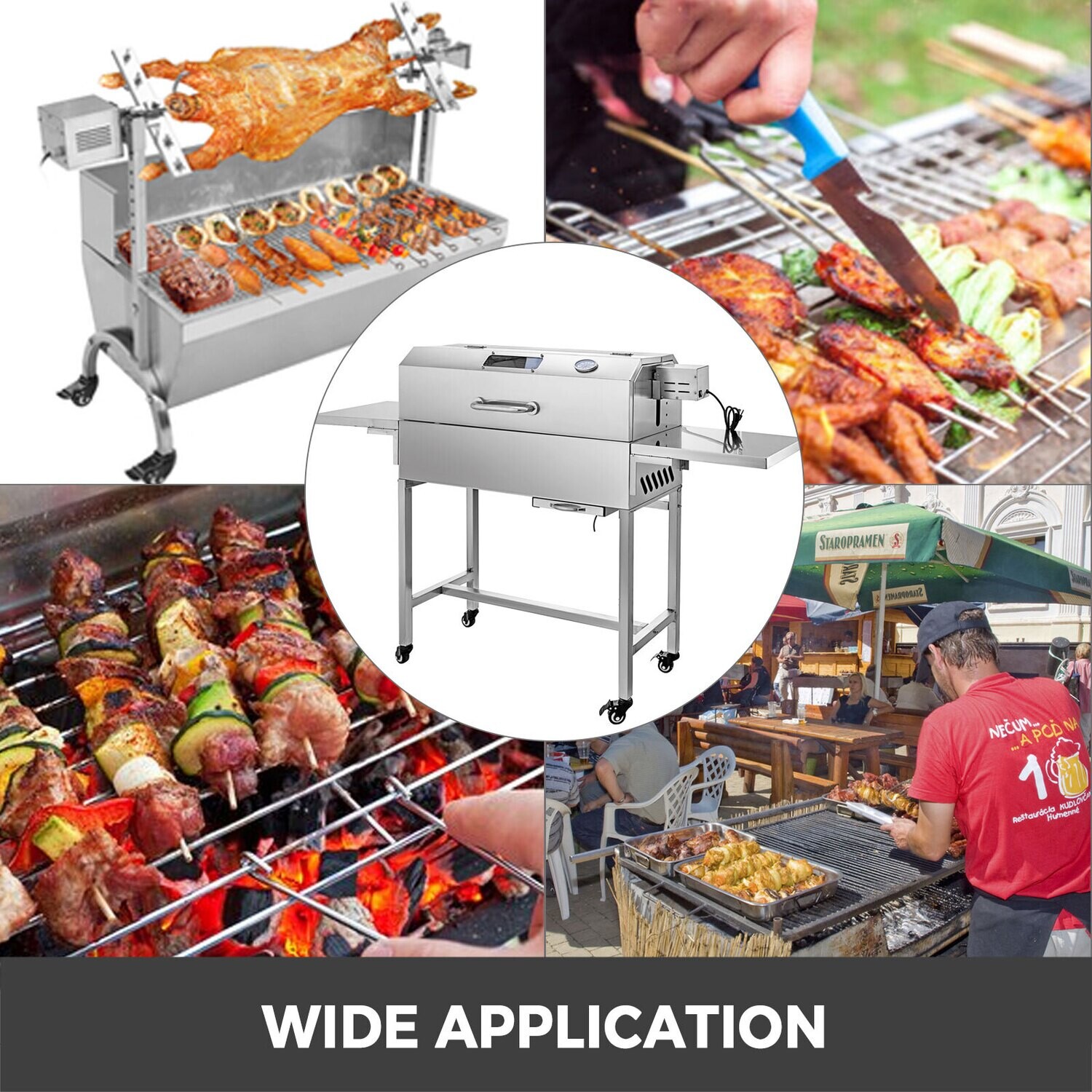 BBQ Charcoal Grill with 4 Caster Wheels – Patio Grill with 2 Side Boards and Smoking Features for Garden BBQs