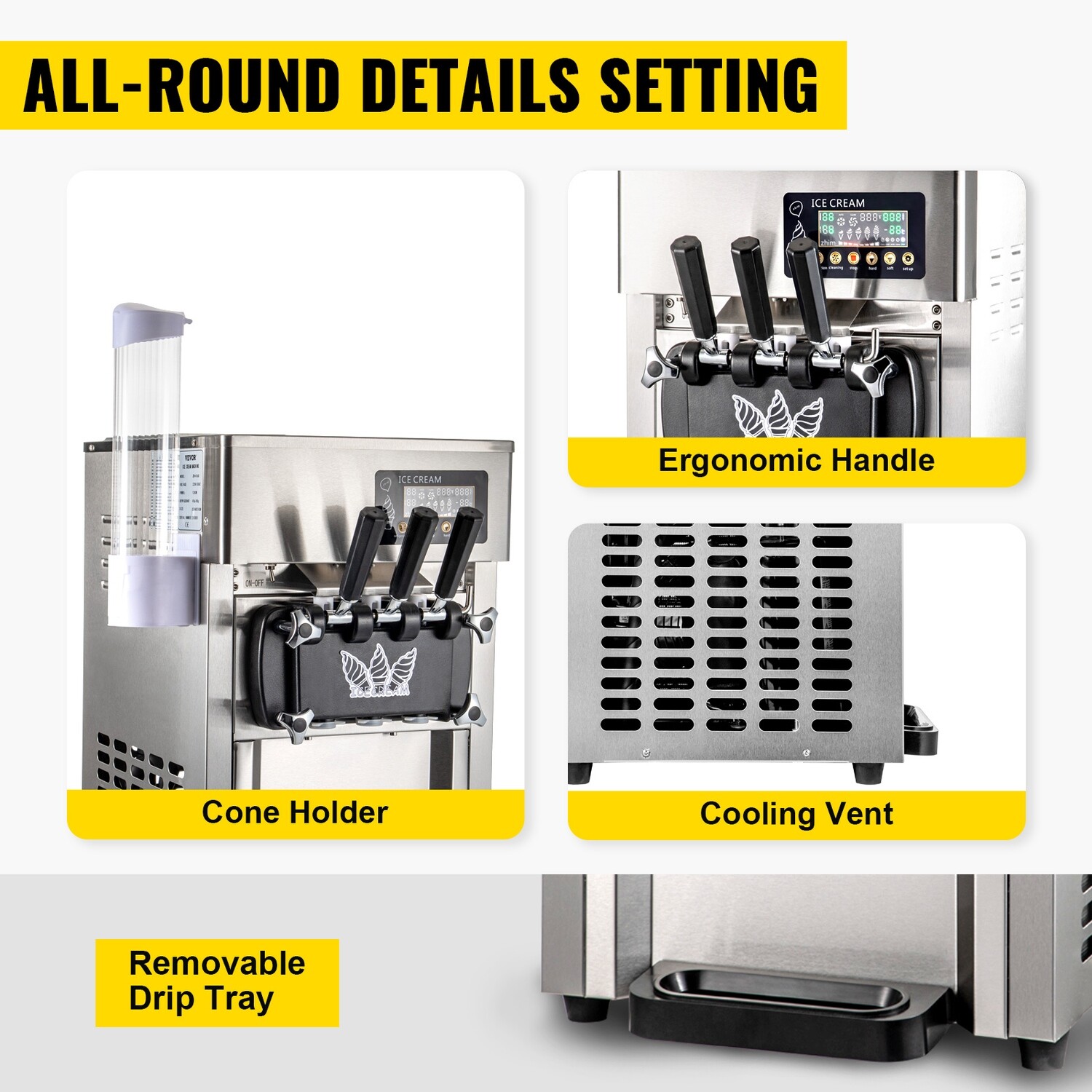 One-Click Clean Commercial 3-Flavor Soft Ice Cream Machine Countertop