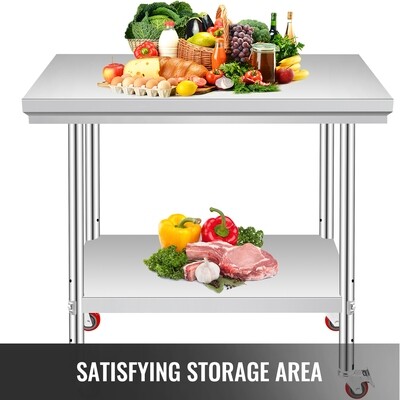 Stainless Steel Workbench 36"x24" - Versatile Prep Table for Catering with Casters for Easy Mobility - Ideal for Food Preparation and Commercial Use