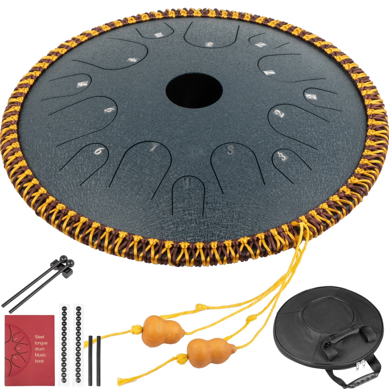 14-Inch Tongue Drum with 14 Notes – Dish-Shaped Design, Navy Blue Color, Decorated with Rope for Musical and Aesthetic Appeal