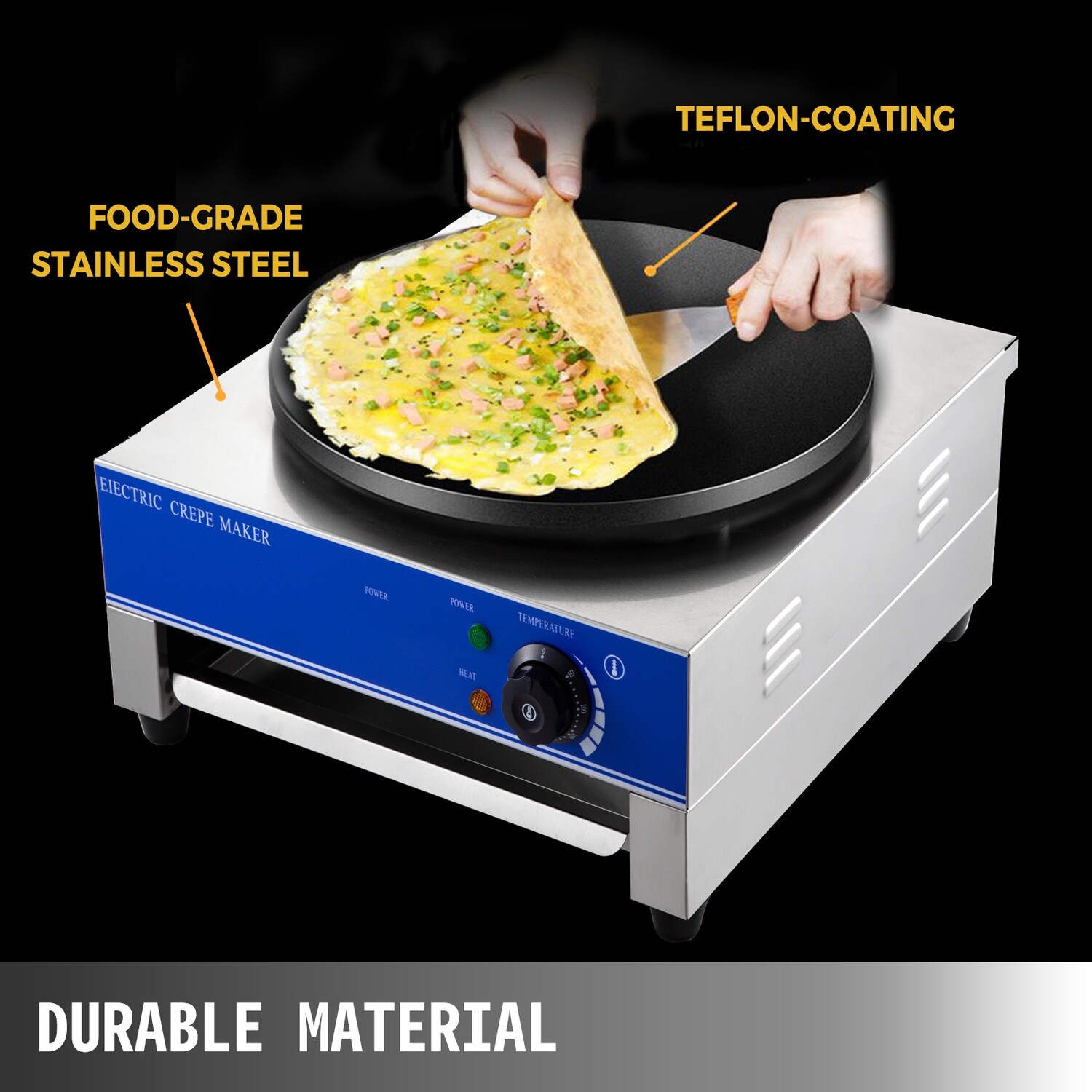 Commercial 3kW Electric Square Crepe Maker, High-Power Griddle, Adjustable Temperature, Non-Stick Surface, Easy to Clean, Ideal for Restaurants and Food Stalls.