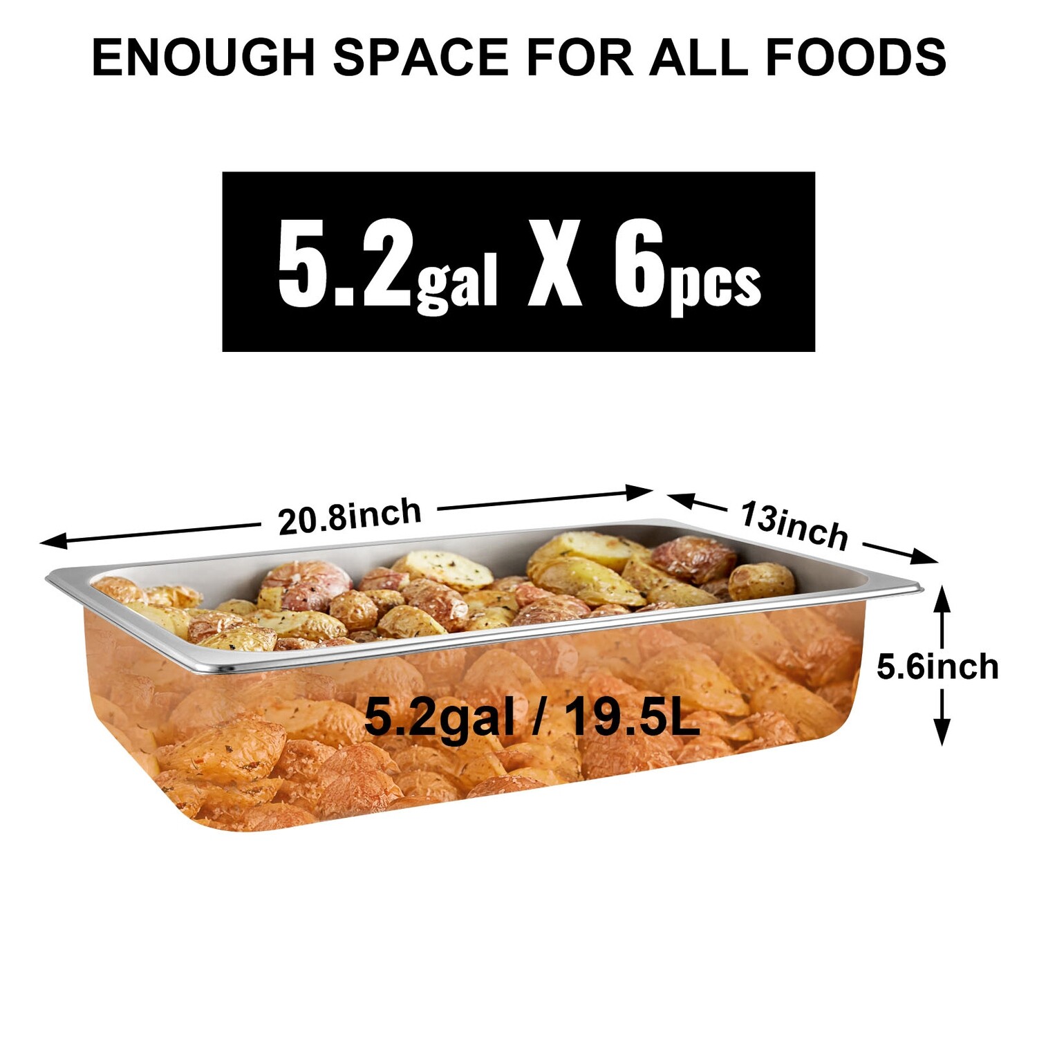Full Size 20.5L/21.7 Quart Stainless Steel Anti-Jam 6 Pack 6&quot; Deep Steam Table Pans for Catering and Commercial Use