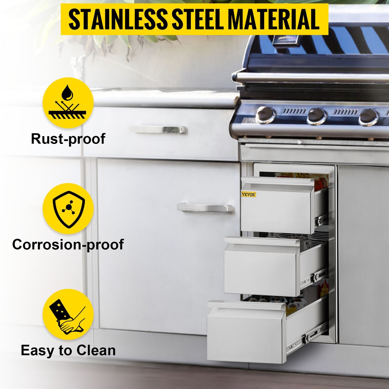 Stainless Steel Triple Access Drawer Outdoor Kitchen BBQ Island 19&quot;W x 26&quot;H