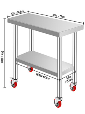 30 x 12 Stainless Steel Kitchen Work Table - Restaurant-Grade Commercial Table with Wheels for Easy Mobility - Durable, Ideal for Kitchens, Food Prep Areas, and Catering Services