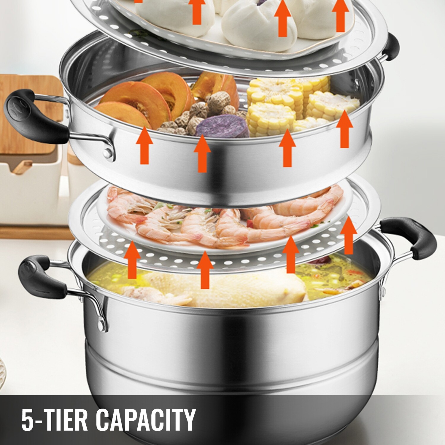 28 cm Stainless Steel 5-Tier Steamer - Durable Multi-Layer Food Steamer Pot for Healthy Cooking, Perfect for Vegetables, Seafood, and Rice with Even Heat Distribution