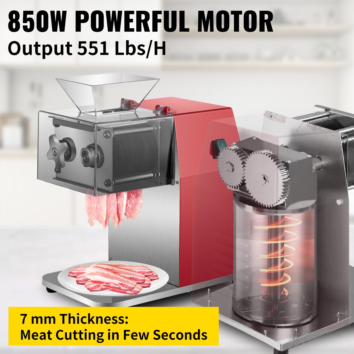 551 lbs/h 850W Commercial Meat Cutter Slicer – Heavy-Duty Meat Shredding Machine with 7mm Blade for Efficient Food Preparation
