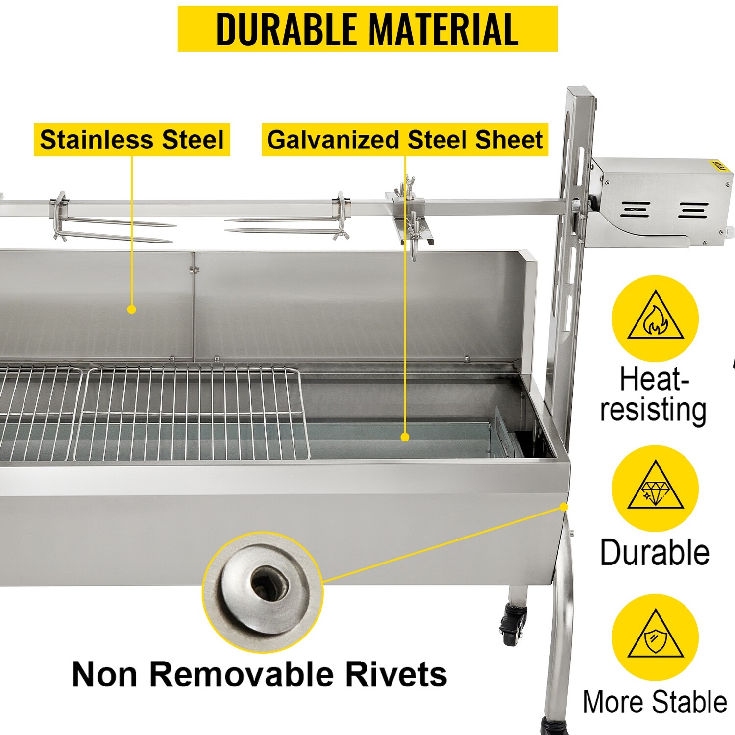 Stainless Steel Pig Lamb Spit Grill Roaster, with 40W Motor &amp; Adjustable Height Lockable Casters &amp; Baffle