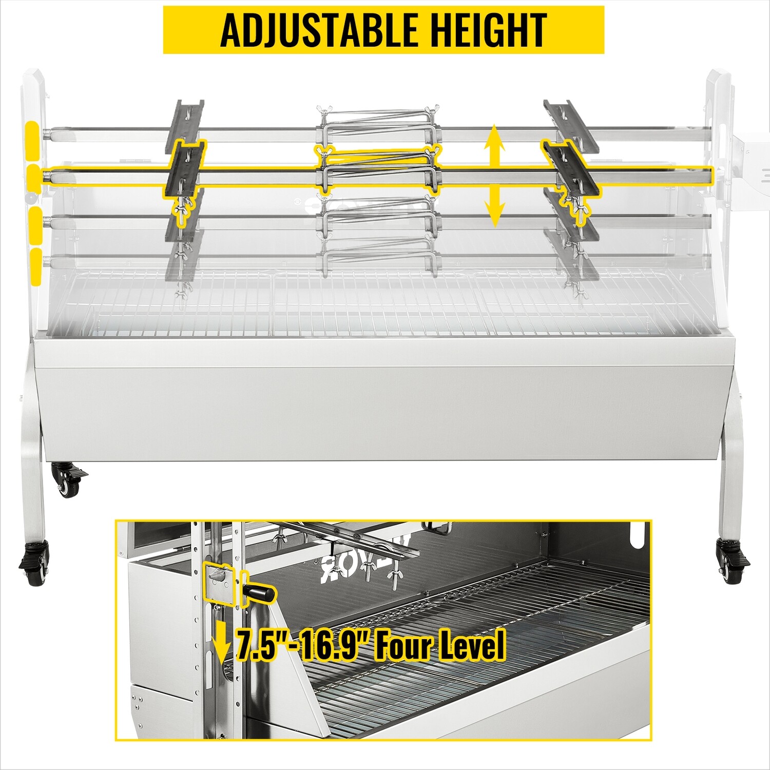 Stainless Steel Pig Lamb Spit Grill Roaster, with 40W Motor &amp; Adjustable Height Lockable Casters &amp; Baffle