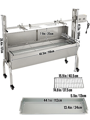 Stainless Steel Pig Lamb Spit Grill Roaster, with 40W Motor &amp; Adjustable Height Lockable Casters &amp; Baffle