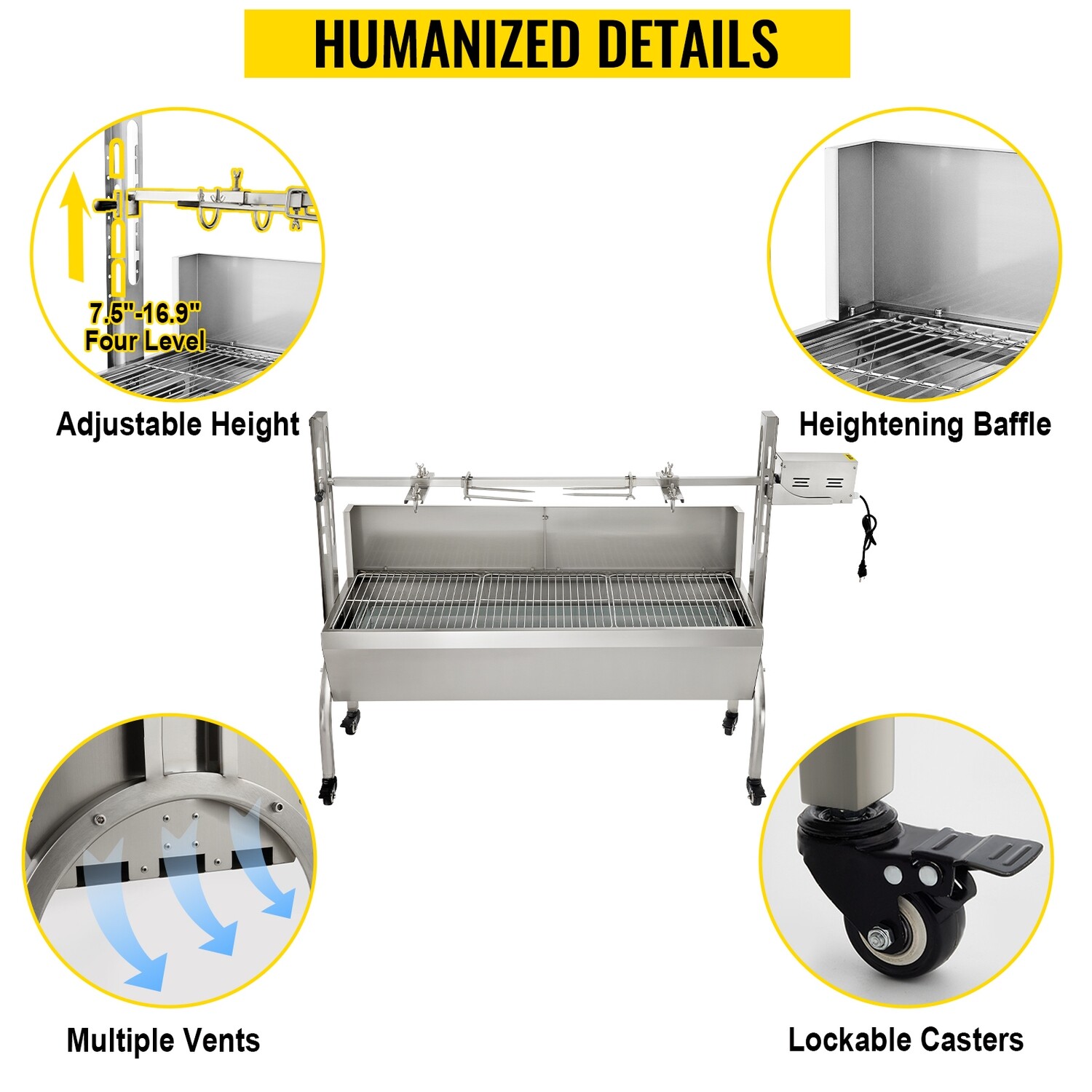 Stainless Steel Pig Lamb Spit Grill Roaster, with 40W Motor &amp; Adjustable Height Lockable Casters &amp; Baffle