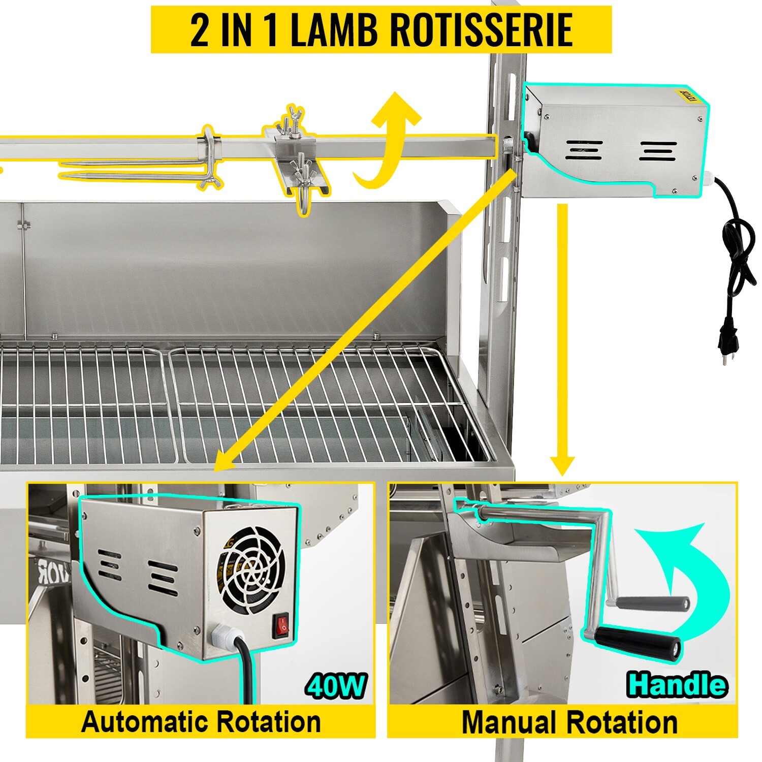 Stainless Steel Pig Lamb Spit Grill Roaster, with 40W Motor &amp; Adjustable Height Lockable Casters &amp; Baffle