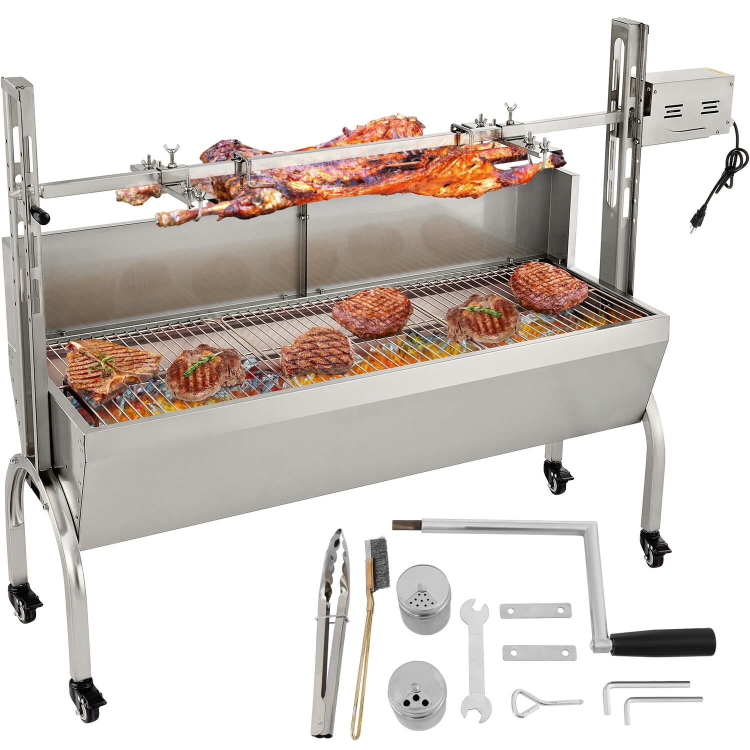 Stainless Steel Pig Lamb Spit Grill Roaster, with 40W Motor &amp; Adjustable Height Lockable Casters &amp; Baffle