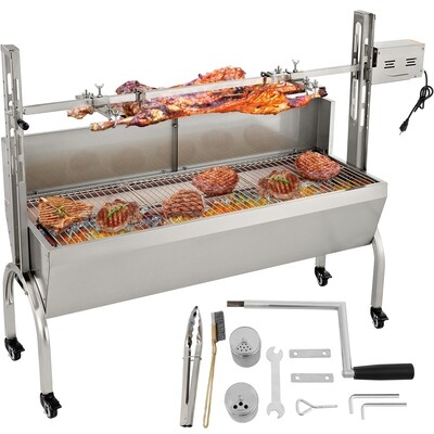 Stainless Steel Pig Lamb Spit Grill Roaster, with 40W Motor &amp; Adjustable Height Lockable Casters &amp; Baffle