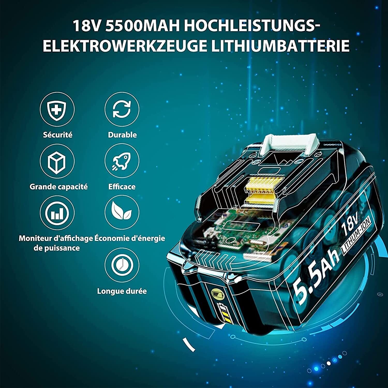 Makita-compatible 2 Pack BL1860B 18V 5.5Ah Batteries