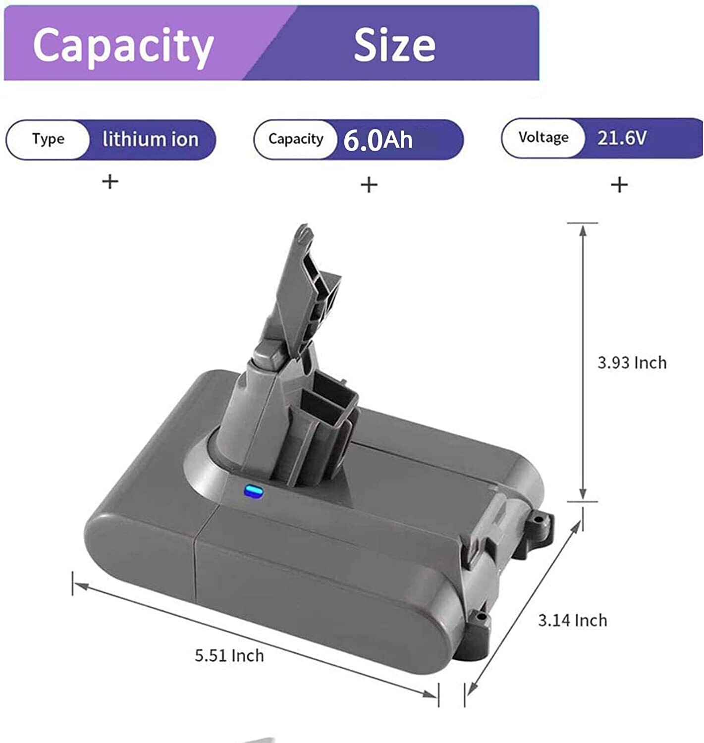 21.6V 6Ah V6 Lithium Battery for Dyson DC62, DC59, DC58, SV03, SV04, SV09, V6 Animal Motorhead, V6 Absolute, and V6 Fluffy Vacuum Cleaners - Reliable Replacement Battery for Enhanced Cleaning