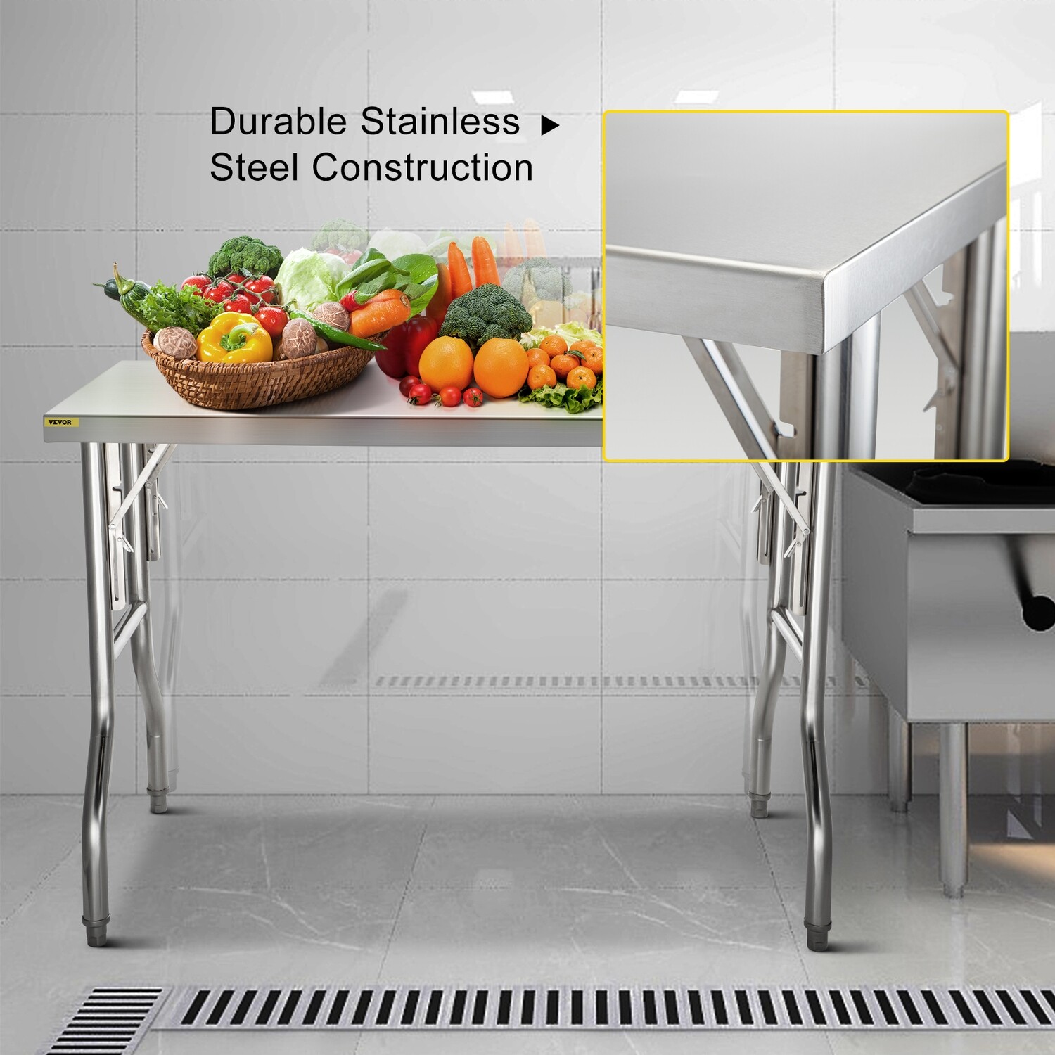 Commercial 48 x 24 Inch Folding Stainless Steel Prep Table, Work Table for Kitchen and Catering