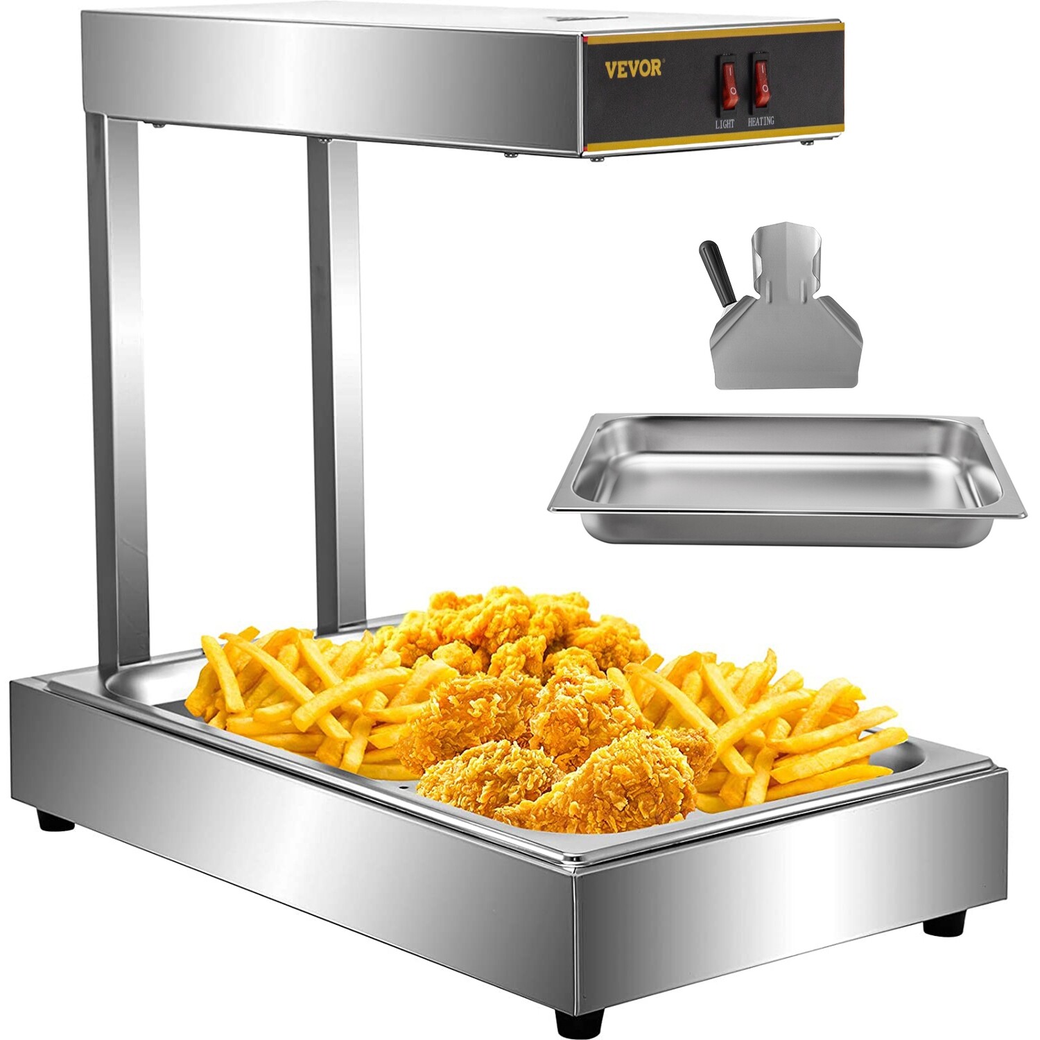 French Fry Heat Lamp with Detachable Pan Fry Warmer, SUS Food Lamp Warmer for Commercial Use
