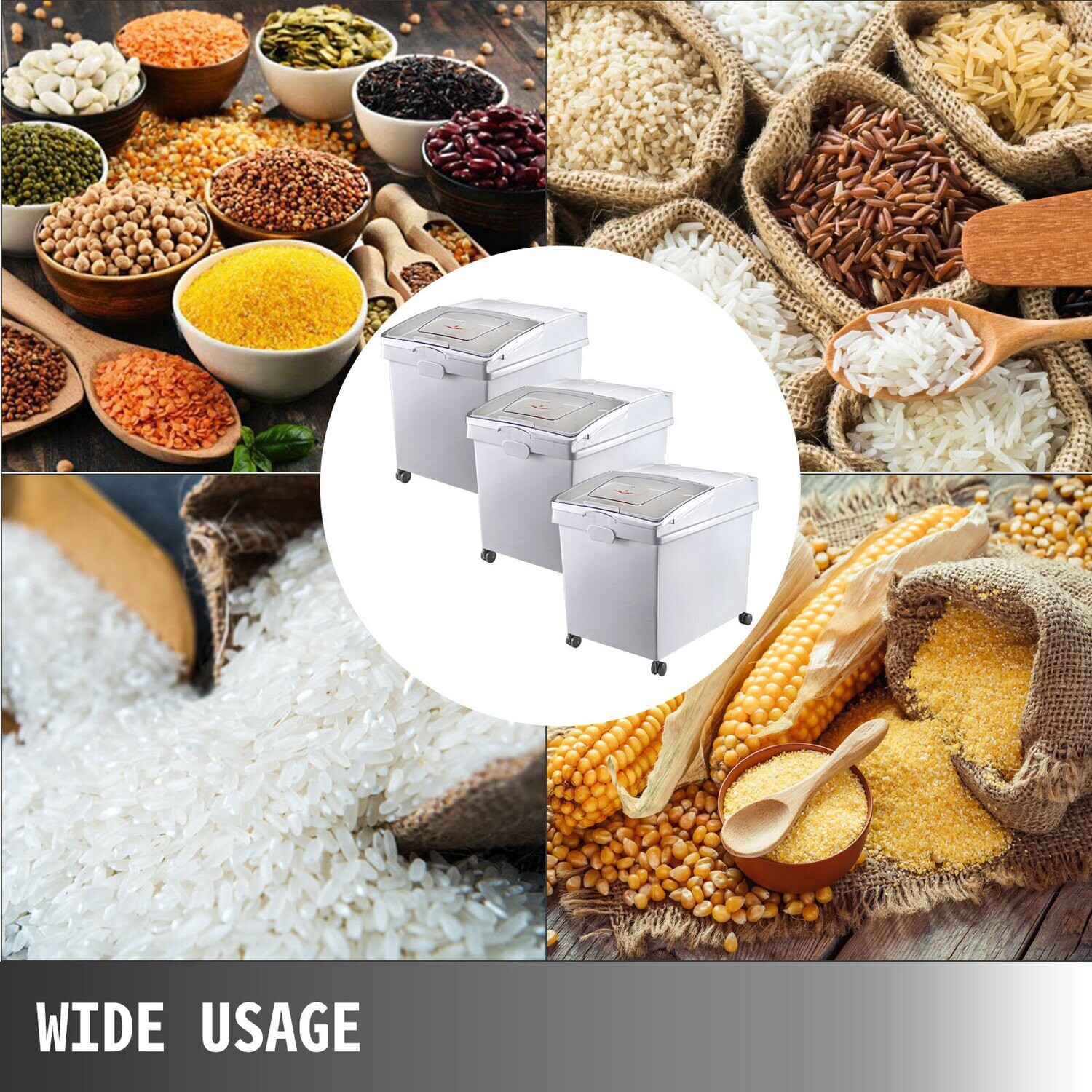 Commercial Storage Bins Set – 3-Piece Set, 8.8-Gallon Capacity Each, Durable PP Material, Ingredient Storage with Wheels for Flour, Sugar, and Dry Goods, White