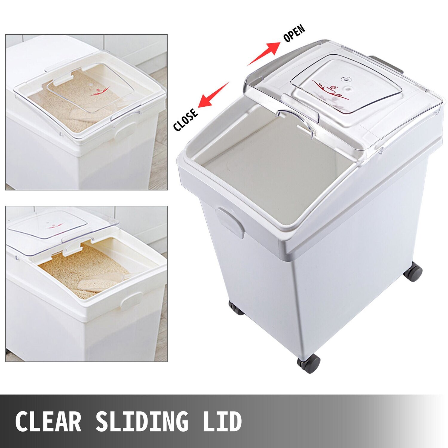 Commercial Storage Bins, 3 Pcs/Set, 8.8 Gallons Capacity Ingredient Storage Bin, PP Material Flour Bins On Wheels, White