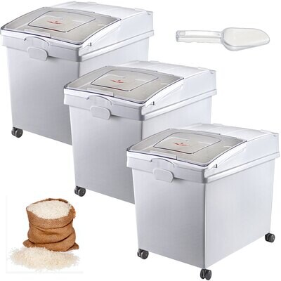 Commercial Storage Bins Set – 3-Piece Set, 8.8-Gallon Capacity Each, Durable PP Material, Ingredient Storage with Wheels for Flour, Sugar, and Dry Goods, White