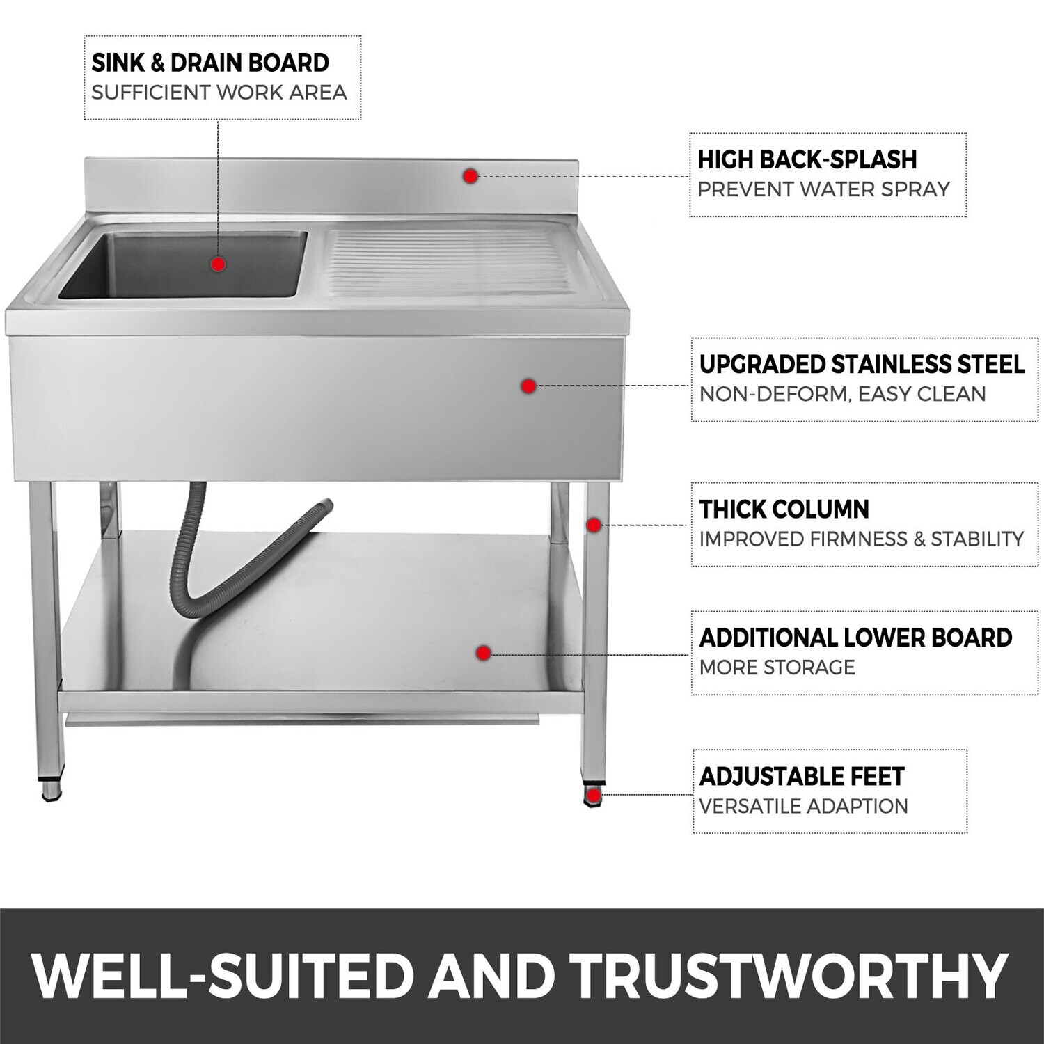 Garage Kitchen Utility Sink 100x60 cm with Left-Hand Installation, Durable and Functional Design for Home or Commercial Use