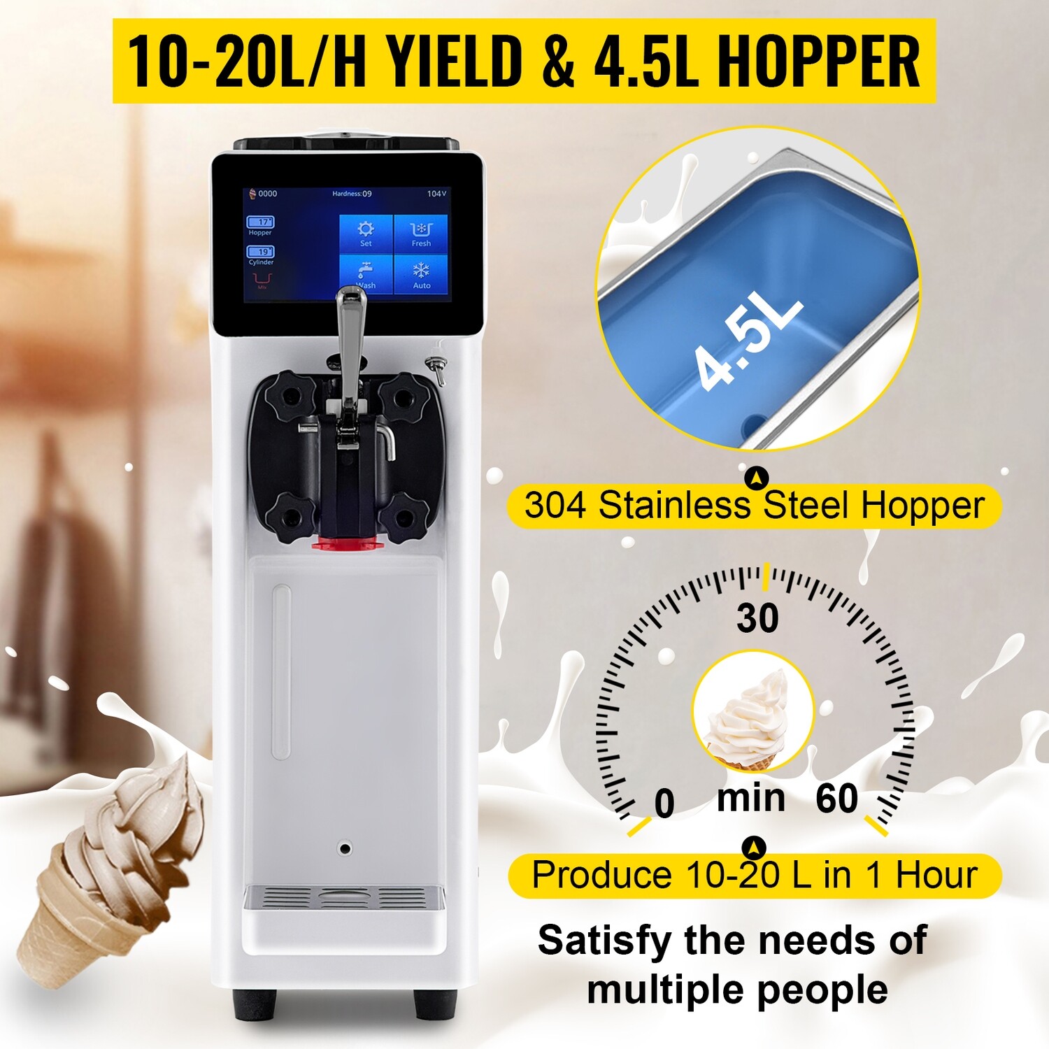 Commercial Soft Serve Ice Cream Maker, Frozen Yogurt Machine, White, 10-20L/H Capacity