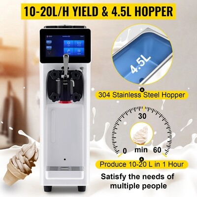 Commercial Soft Serve Ice Cream Maker, Frozen Yogurt Machine, White, 10-20L/H Capacity