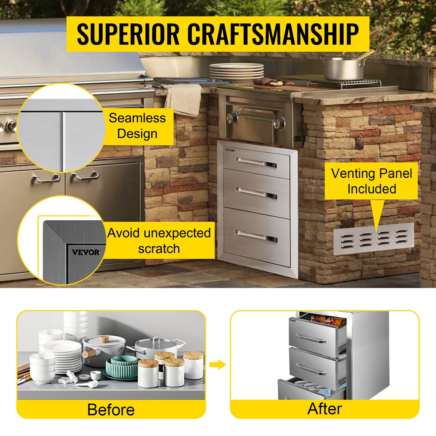 BBQ Island Grill Storage Chest – Three BBQ Access Drawers, 45x52 cm, for Convenient Outdoor Kitchen Storage