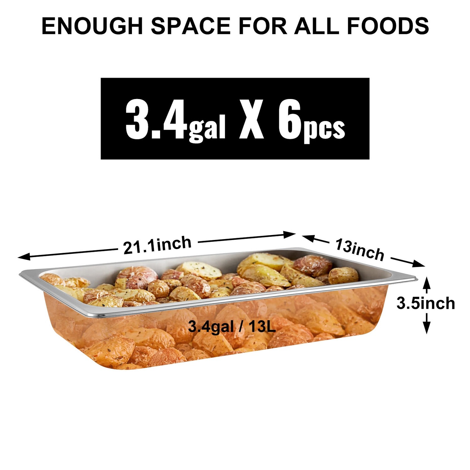 13L (13.7 Quart) Anti-Jam Stainless Steel Steam Table Pan – 4&quot; Deep, Set of 6 for Catering and Food Service